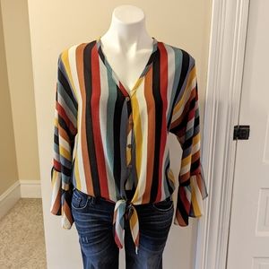 Altar'd State colorful striped rope with tie and ruffle bell sleeves size Large
